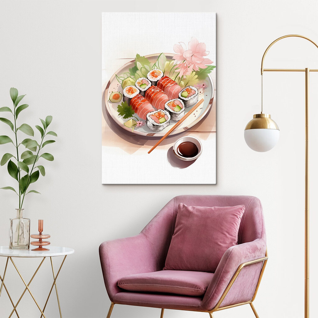 Plate of sushi with sauce and flowers