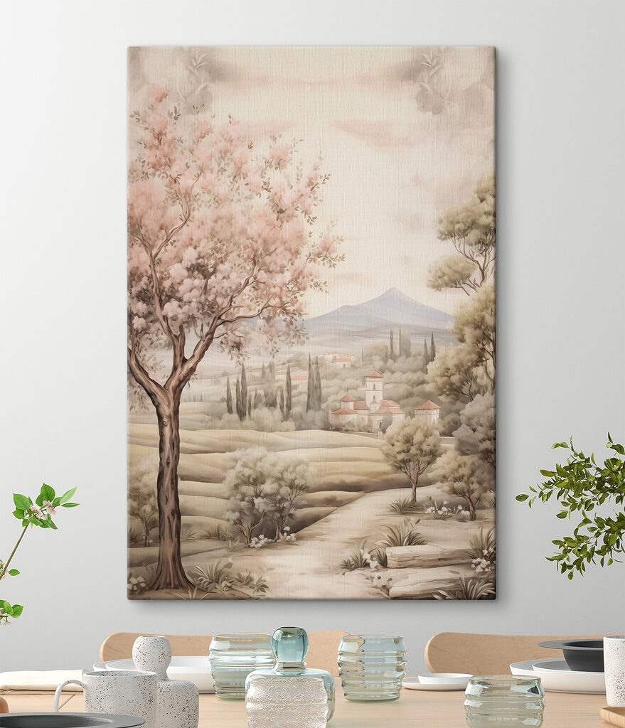 Painting of a landscape with trees and a building