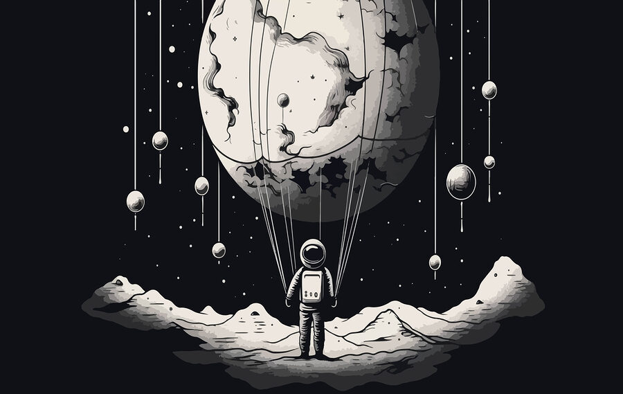 Astronaut vo vesmíre s balónom na oblohe