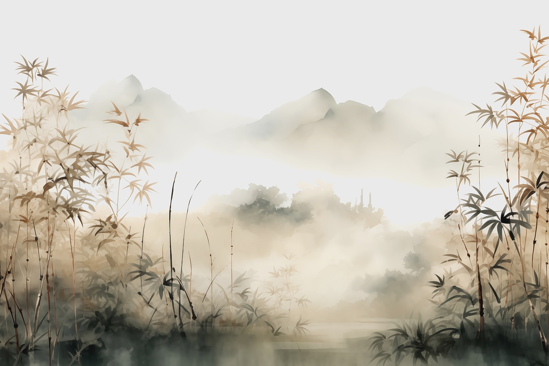 Painting of a landscape with plants and fog