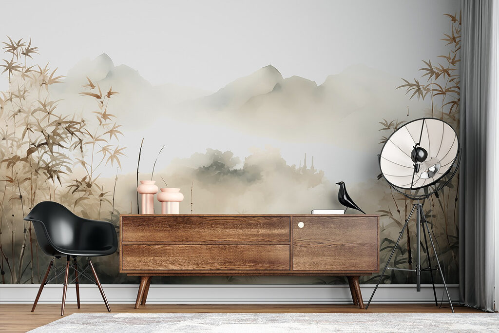 Painting of a landscape with plants and fog