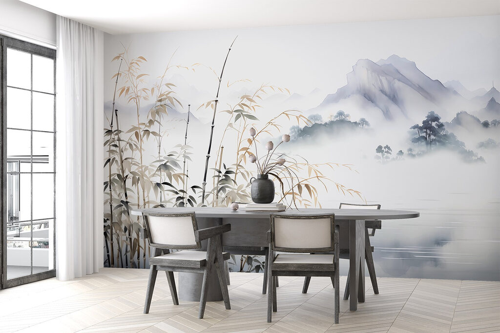 Painting of a landscape with a lake and mountains