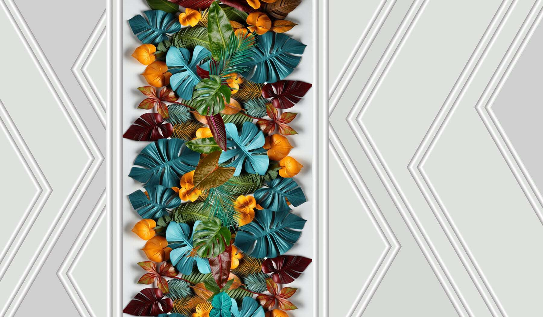 White door with colorful leaves White door with colorful leaves