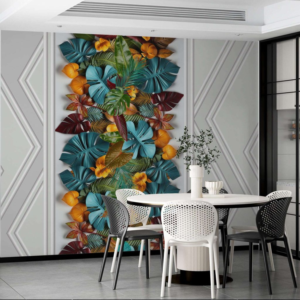 White door with colorful leaves White door with colorful leaves