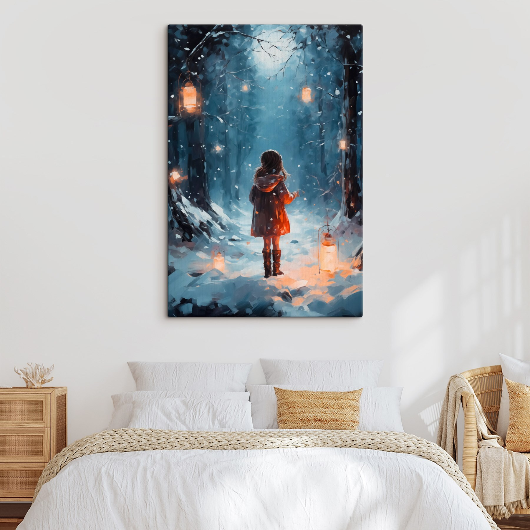 Girl standing in a snowy forest with lanterns Girl standing in a snowy forest with lanterns