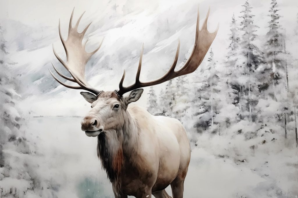 Moose with large antlers standing in a snowy forest Moose with large antlers standing in a snowy forest