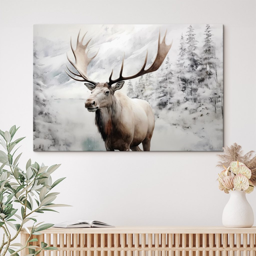 Moose with large antlers standing in a snowy forest Moose with large antlers standing in a snowy forest