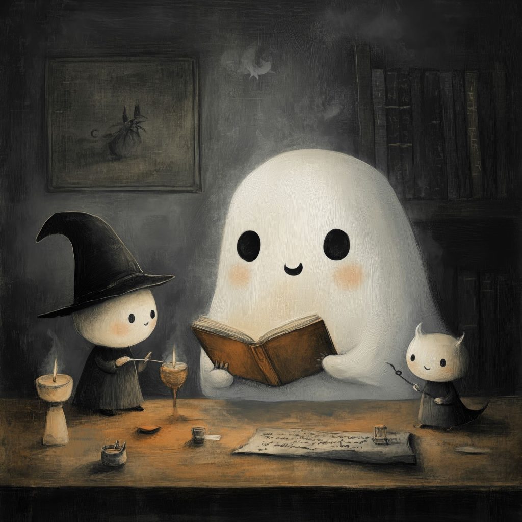 Ghost reading a book with two little people