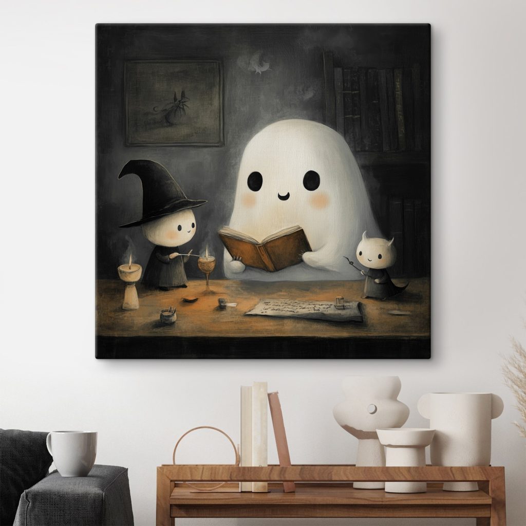 Ghost reading a book with two little people