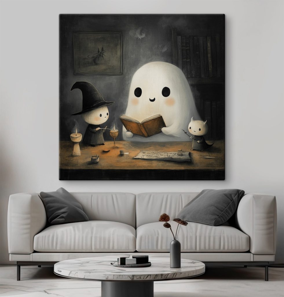 Ghost reading a book with two little people