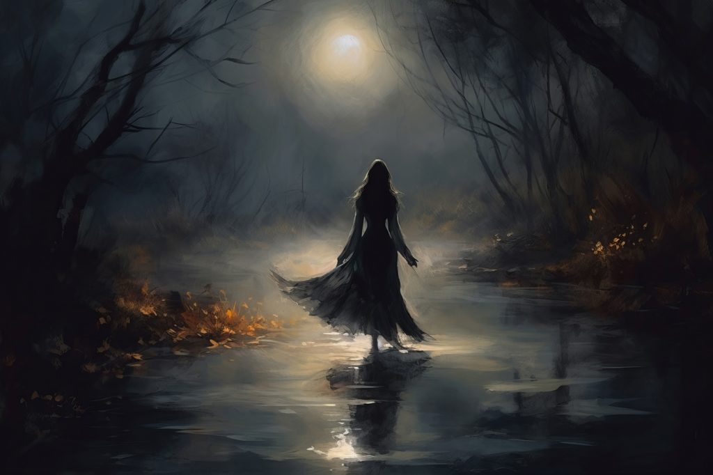 Woman walking in a dark forest Woman walking in a dark forest