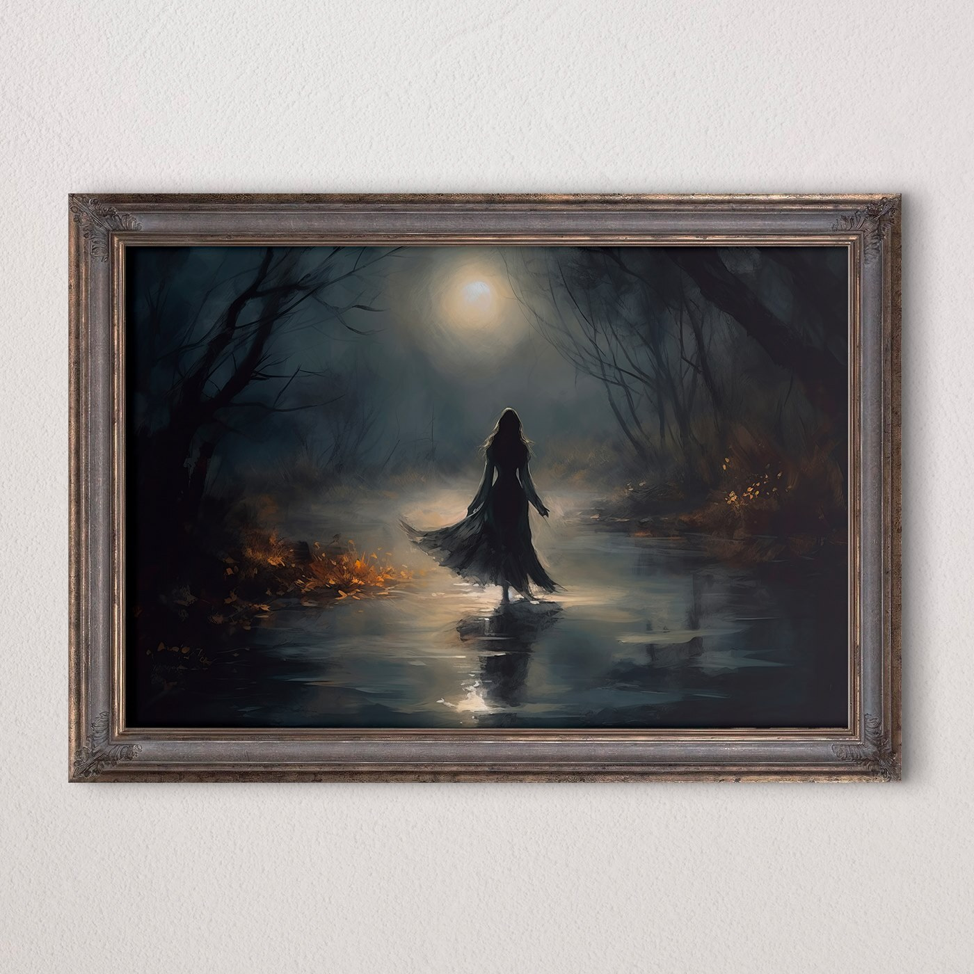 Woman walking in a dark forest Woman walking in a dark forest