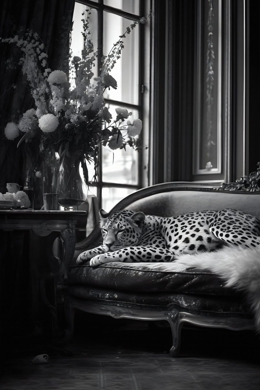 Leopard ležiaci na pohovke