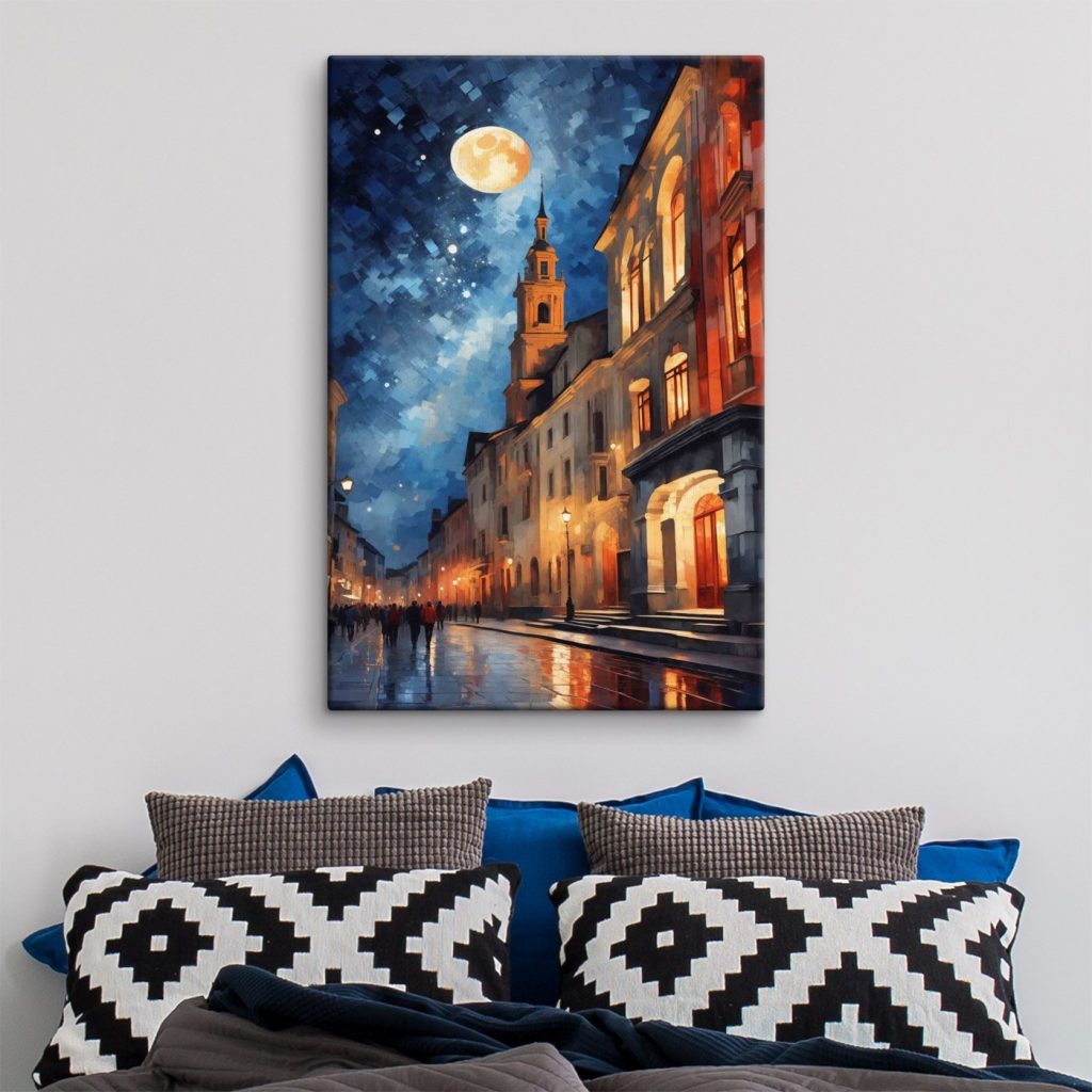 Street with buildings and a moon