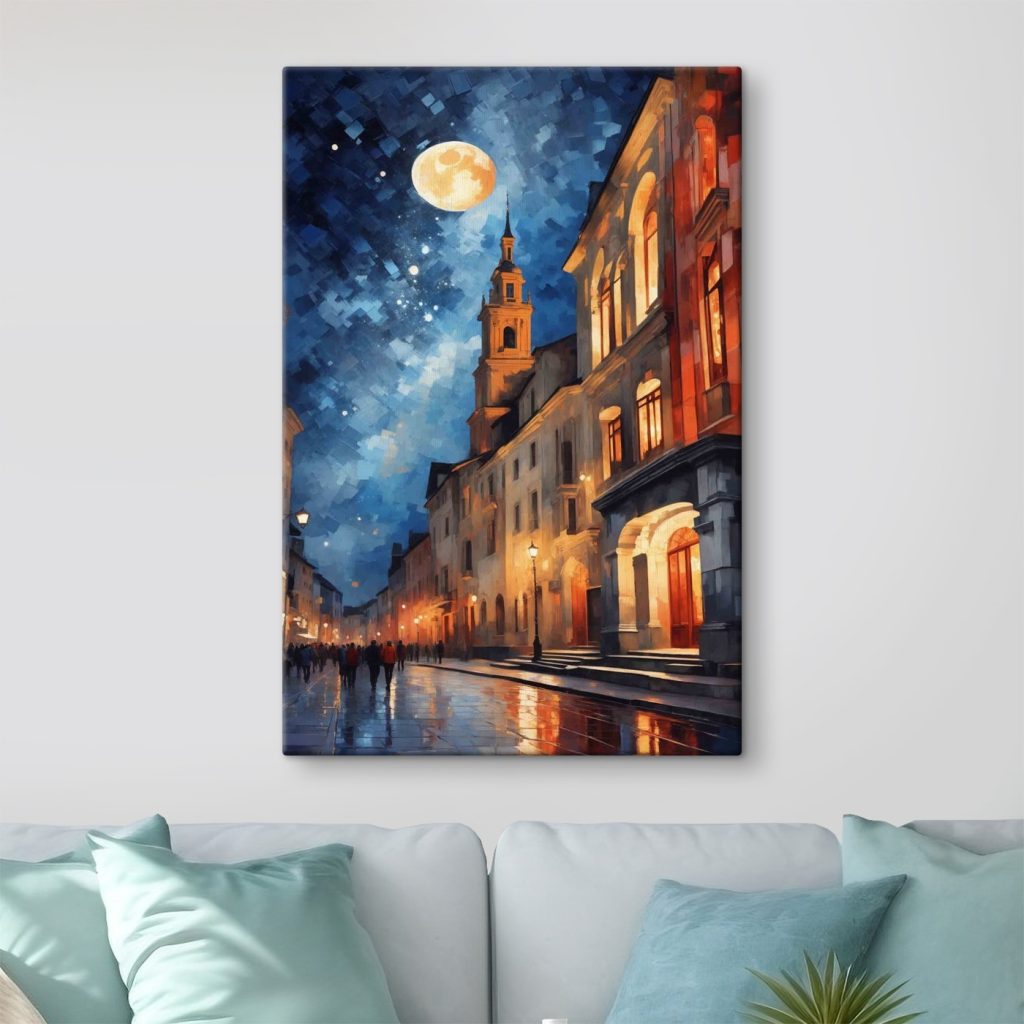 Street with buildings and a moon