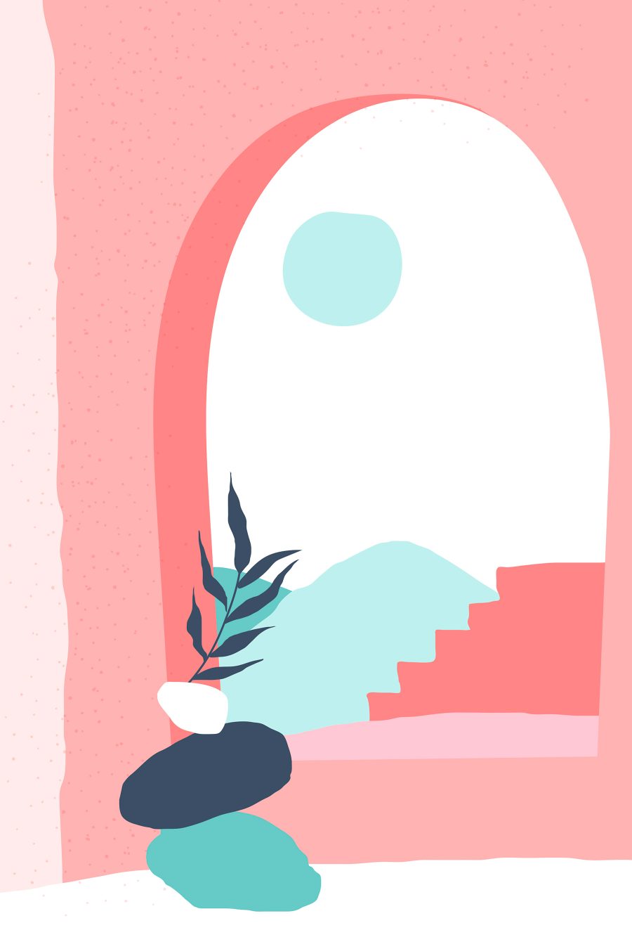 Ružová a modrá ilustrácia okna s rastlinou vo váze