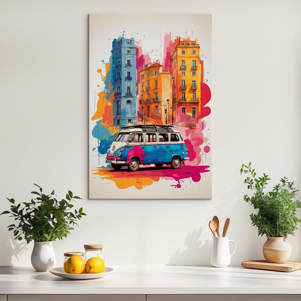 Van with a roof on the top and a colorful building Van with a roof on the top and a colorful building