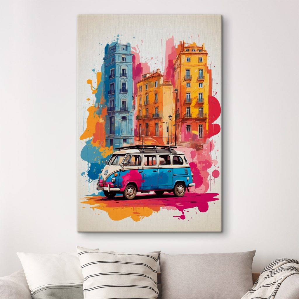 Van with a roof on the top and a colorful building Van with a roof on the top and a colorful building