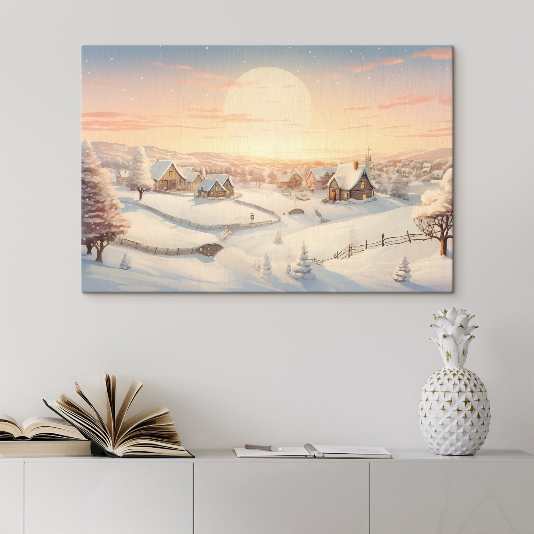 Snow covered village with trees and a fence Snow covered village with trees and a fence