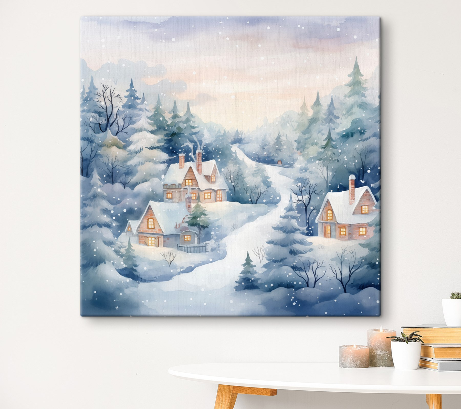Painting of houses in a snowy forest Painting of houses in a snowy forest