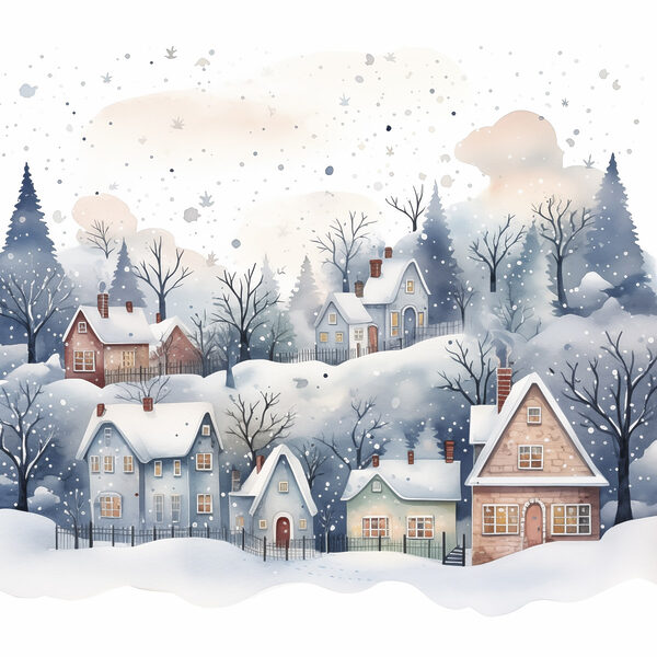Watercolor painting of houses and trees in the snow Watercolor painting of houses and trees in the snow