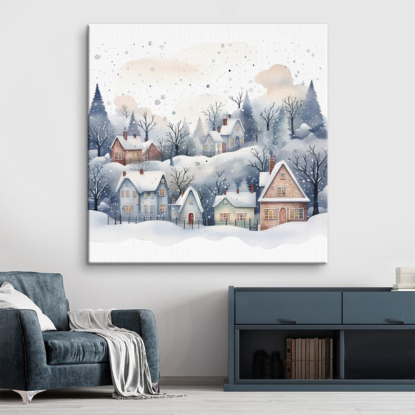 Watercolor painting of houses and trees in the snow Watercolor painting of houses and trees in the snow