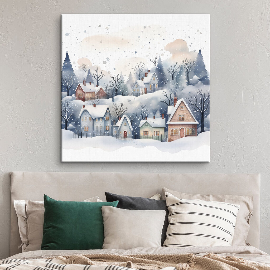 Watercolor painting of houses and trees in the snow