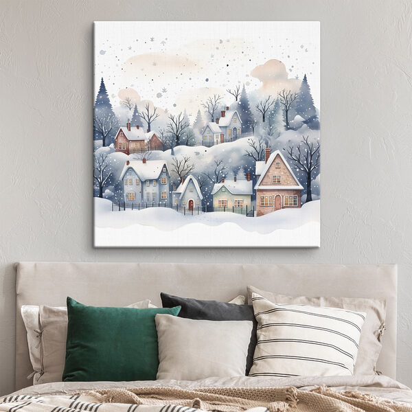 Watercolor painting of houses and trees in the snow Watercolor painting of houses and trees in the snow