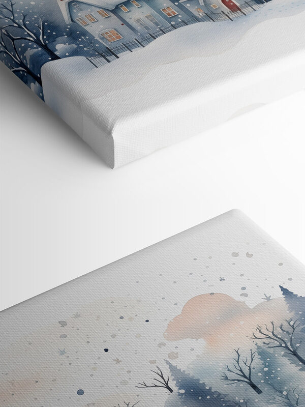 Watercolor painting of houses and trees in the snow Watercolor painting of houses and trees in the snow