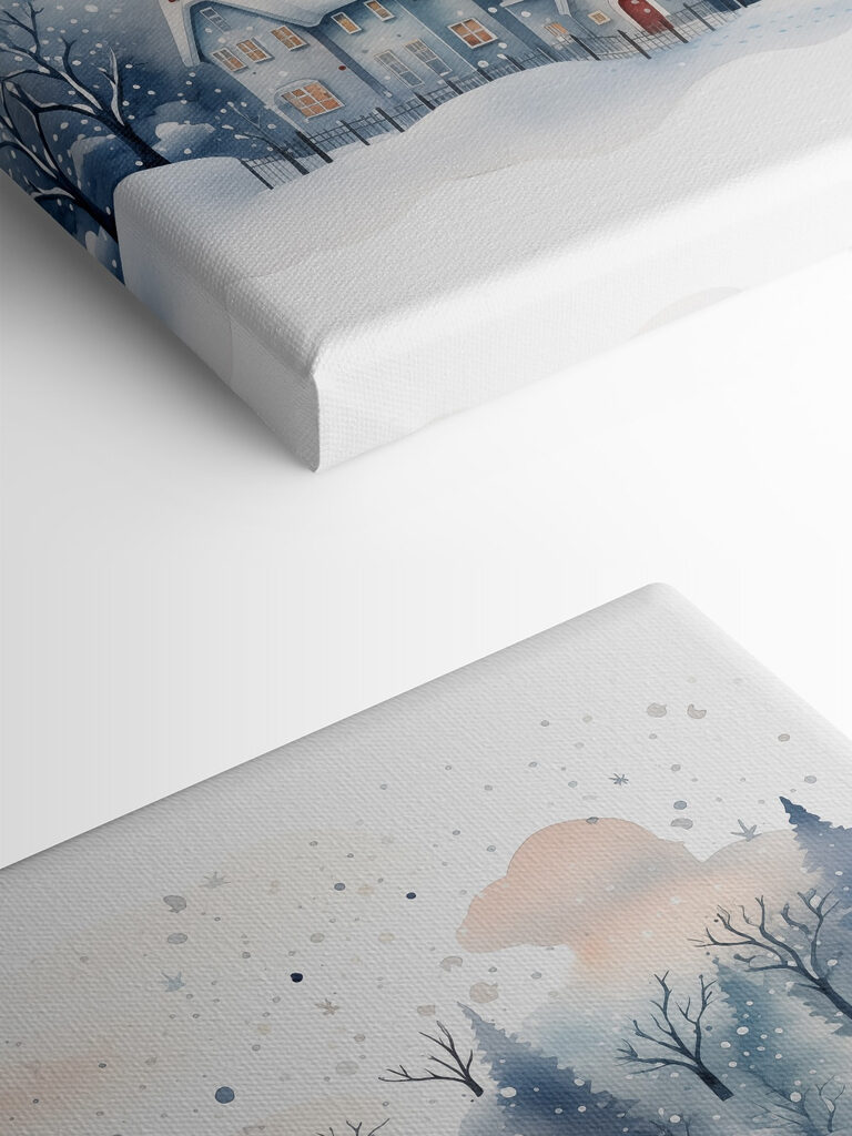 Watercolor painting of houses and trees in the snow