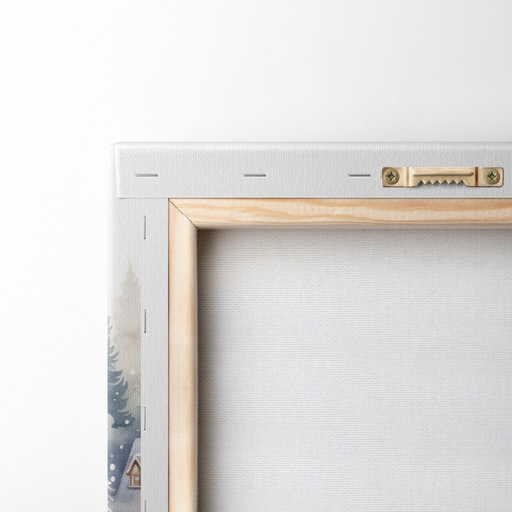 Watercolor painting of houses in a snowy forest