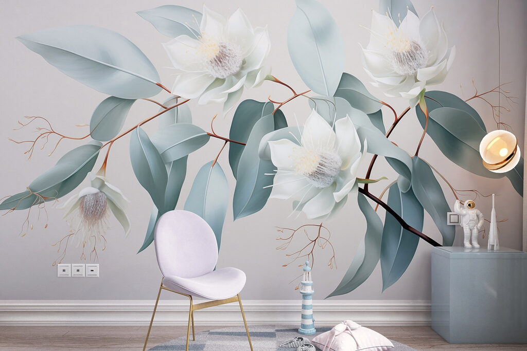 White flowers and leaves on a branch White flowers and leaves on a branch