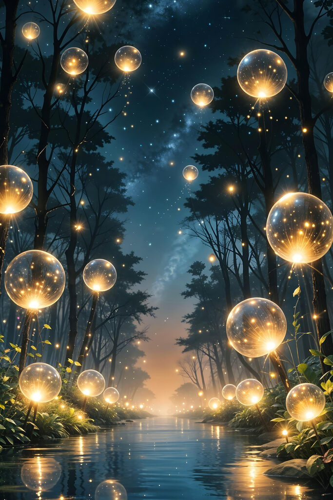 Glowing bubbles in a forest
