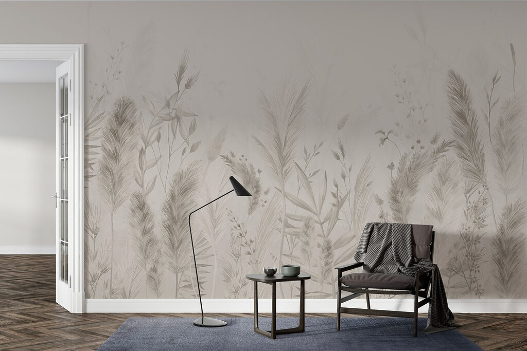 Whimsical botanical illustration in neutrals