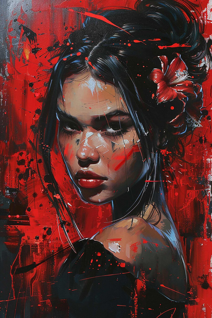 Painting of a woman with red paint Painting of a woman with red paint