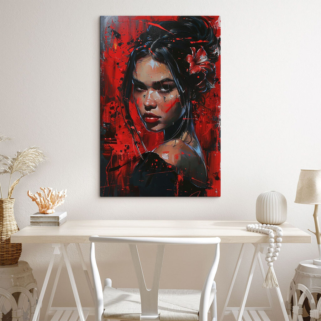 Painting of a woman with red paint Painting of a woman with red paint