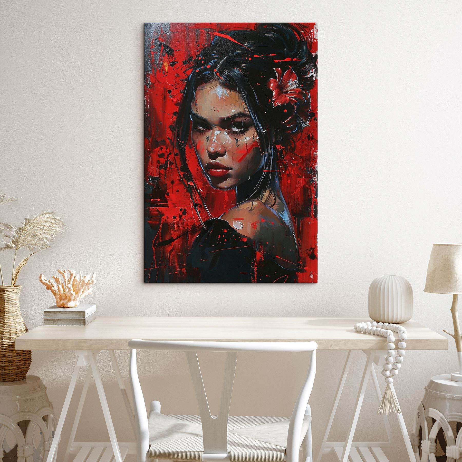 Painting of a woman with red paint Painting of a woman with red paint