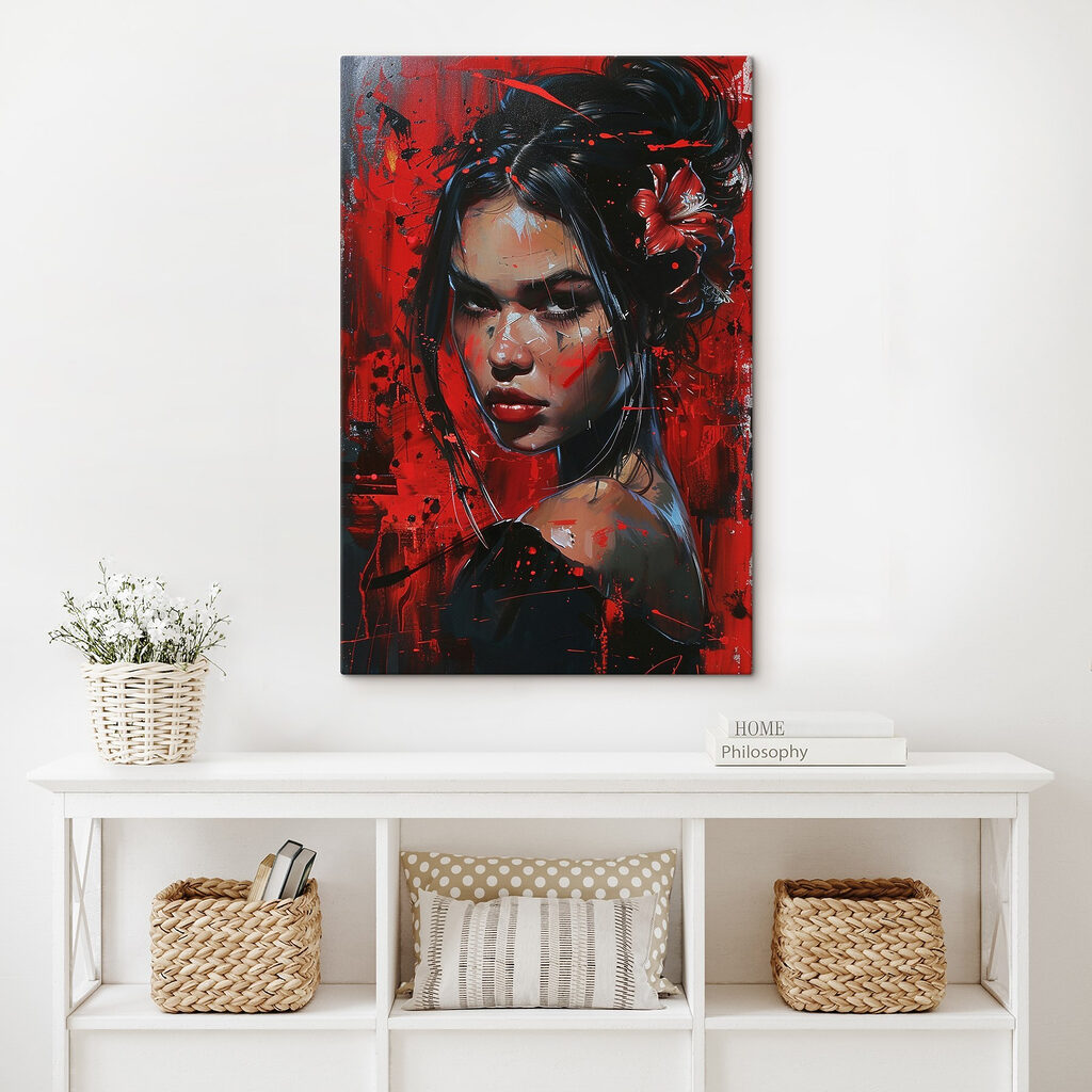 Painting of a woman with red paint Painting of a woman with red paint