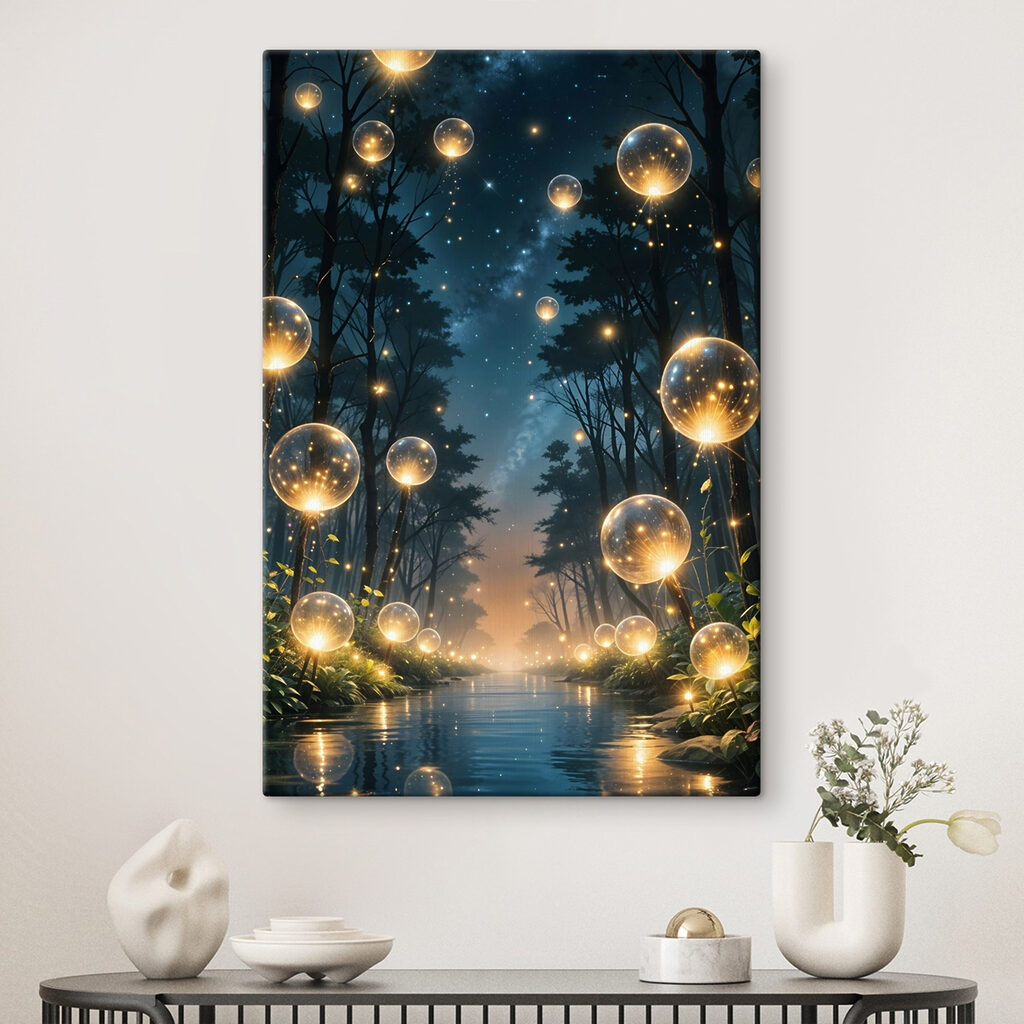 Glowing bubbles in a forest