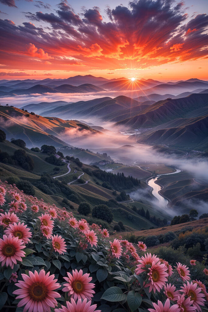 Valley with flowers and a river Valley with flowers and a river