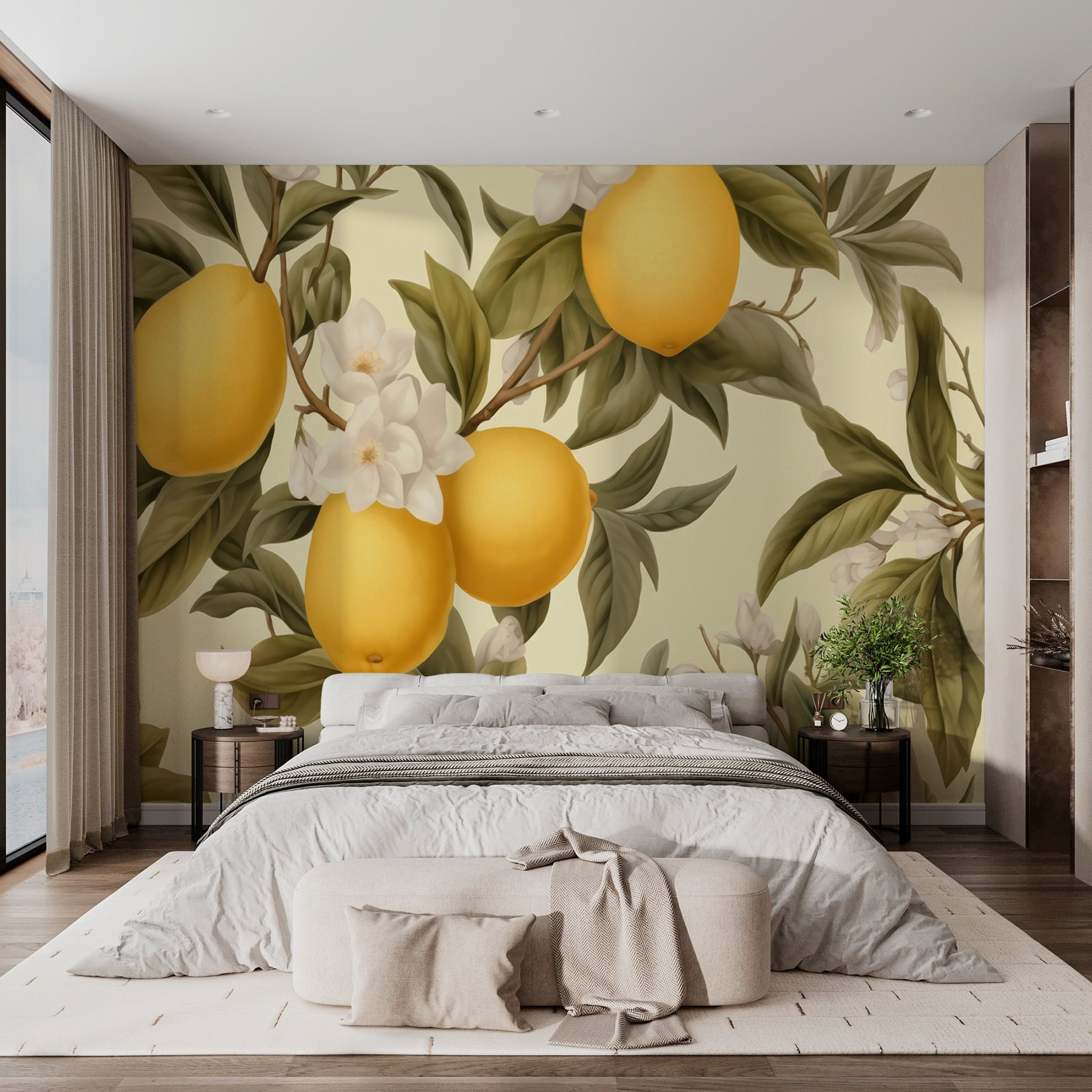Wallpaper with lemons and flowers