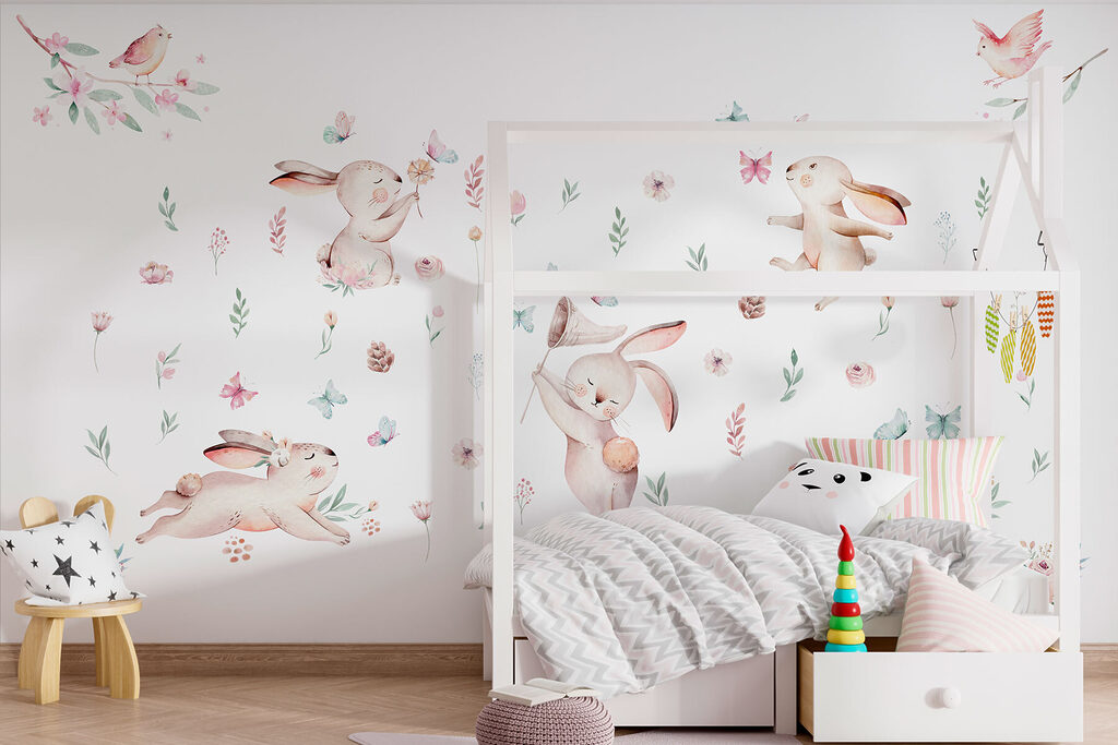 Group of rabbits with flowers and butterflies