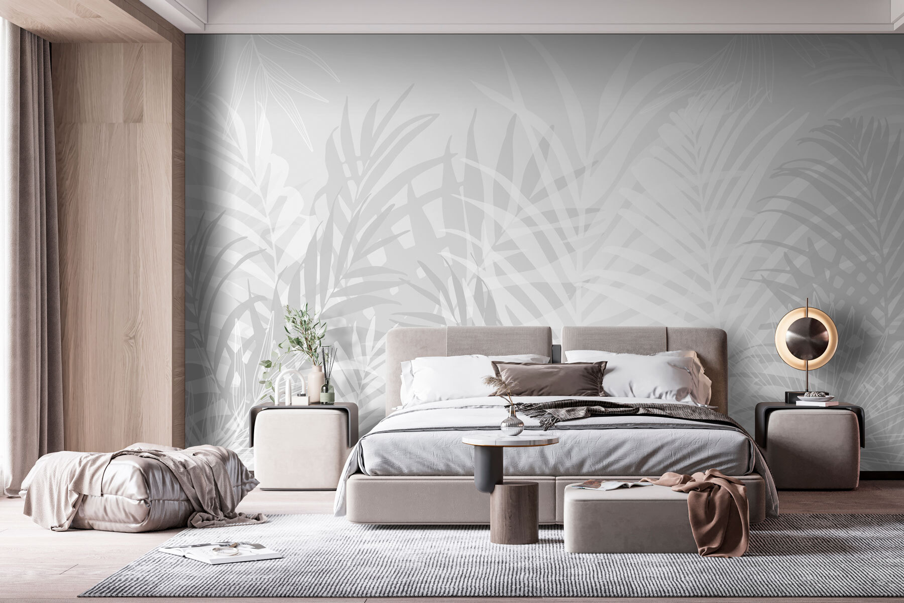 Grey and white background with leaves