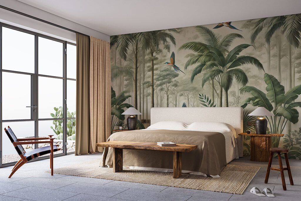 Mural of birds flying over a forest Mural of birds flying over a forest