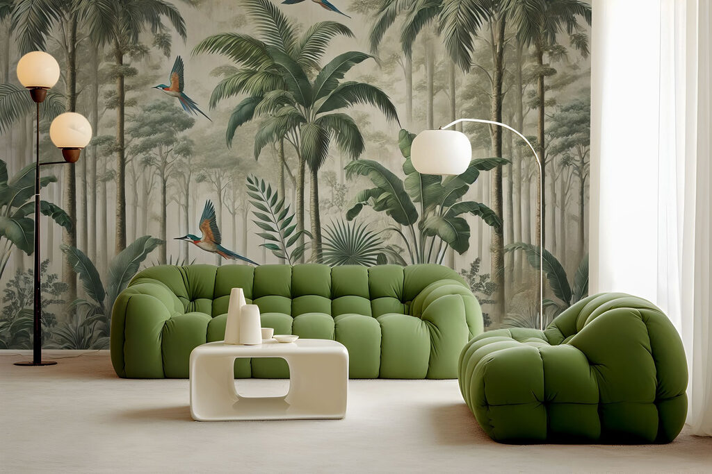 Mural of birds flying over a forest Mural of birds flying over a forest