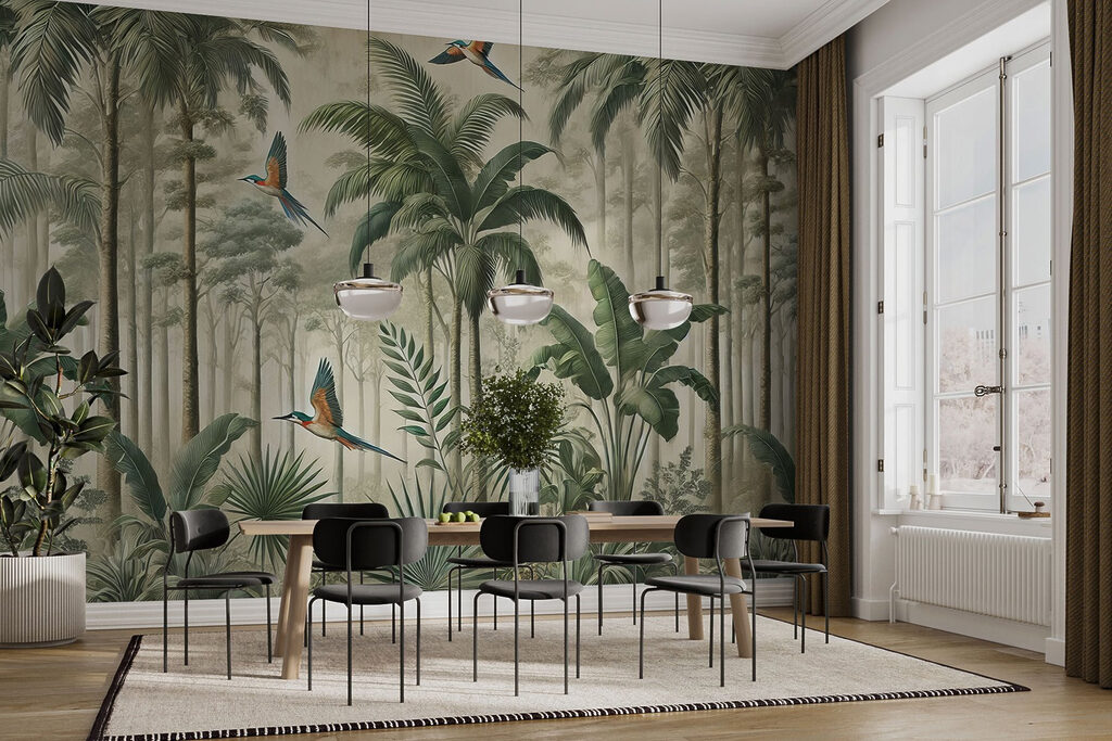 Mural of birds flying over a forest Mural of birds flying over a forest