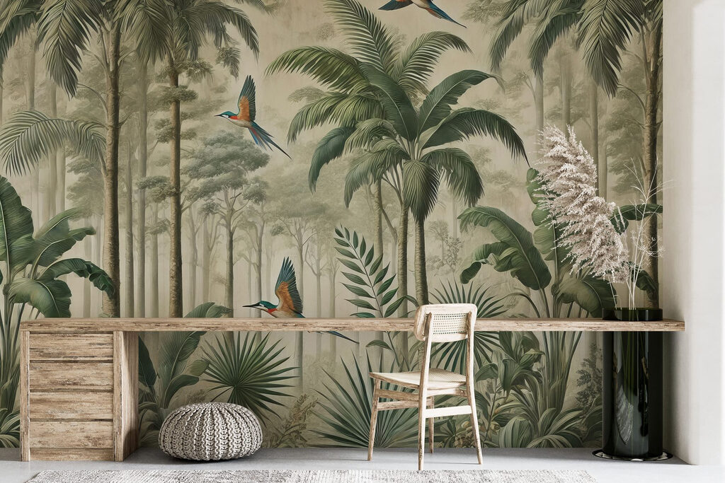 Mural of birds flying over a forest Mural of birds flying over a forest