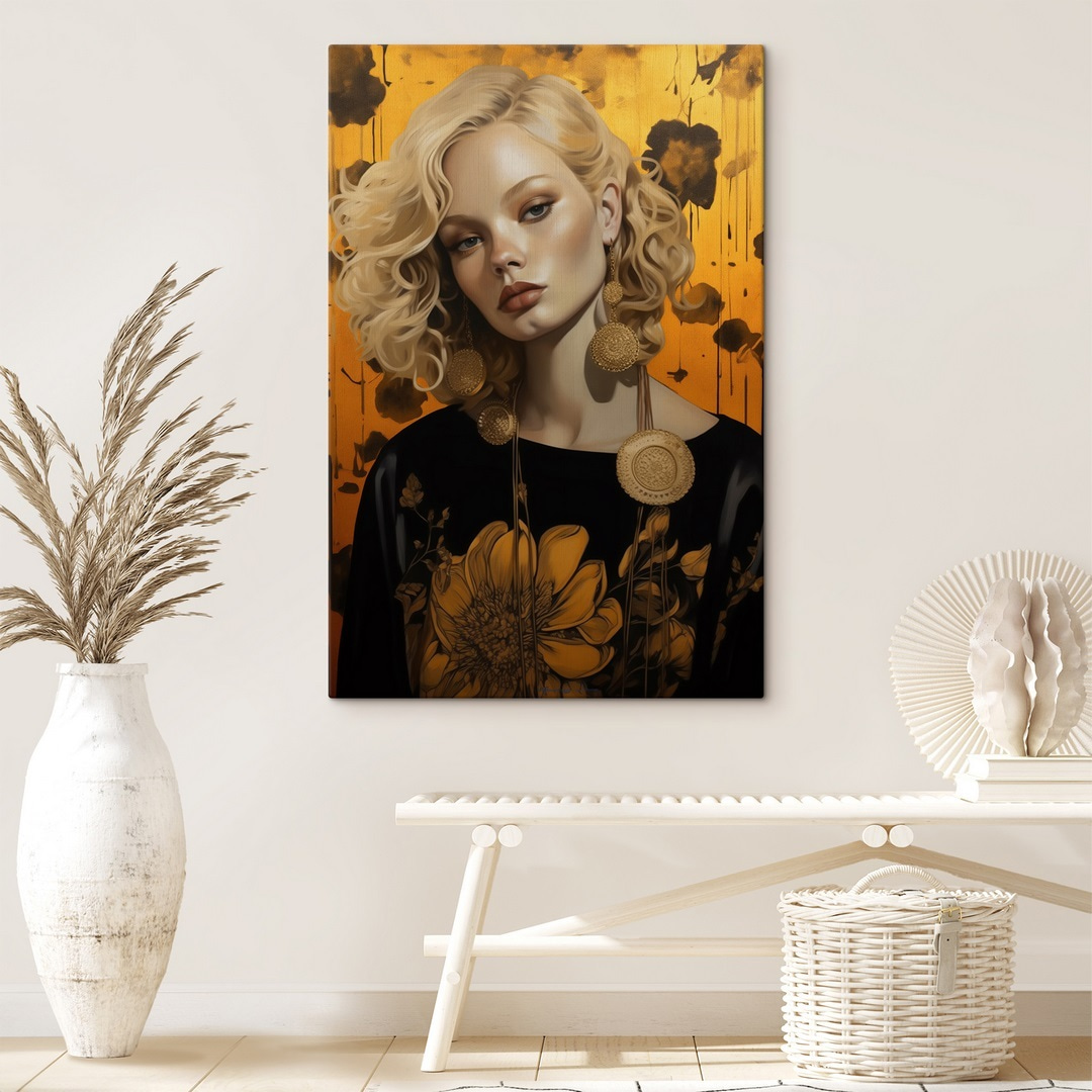 Woman with curly blonde hair and large earrings