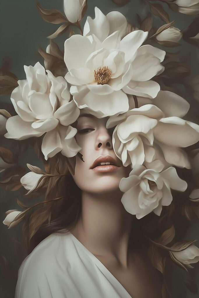 Woman with flowers around her face