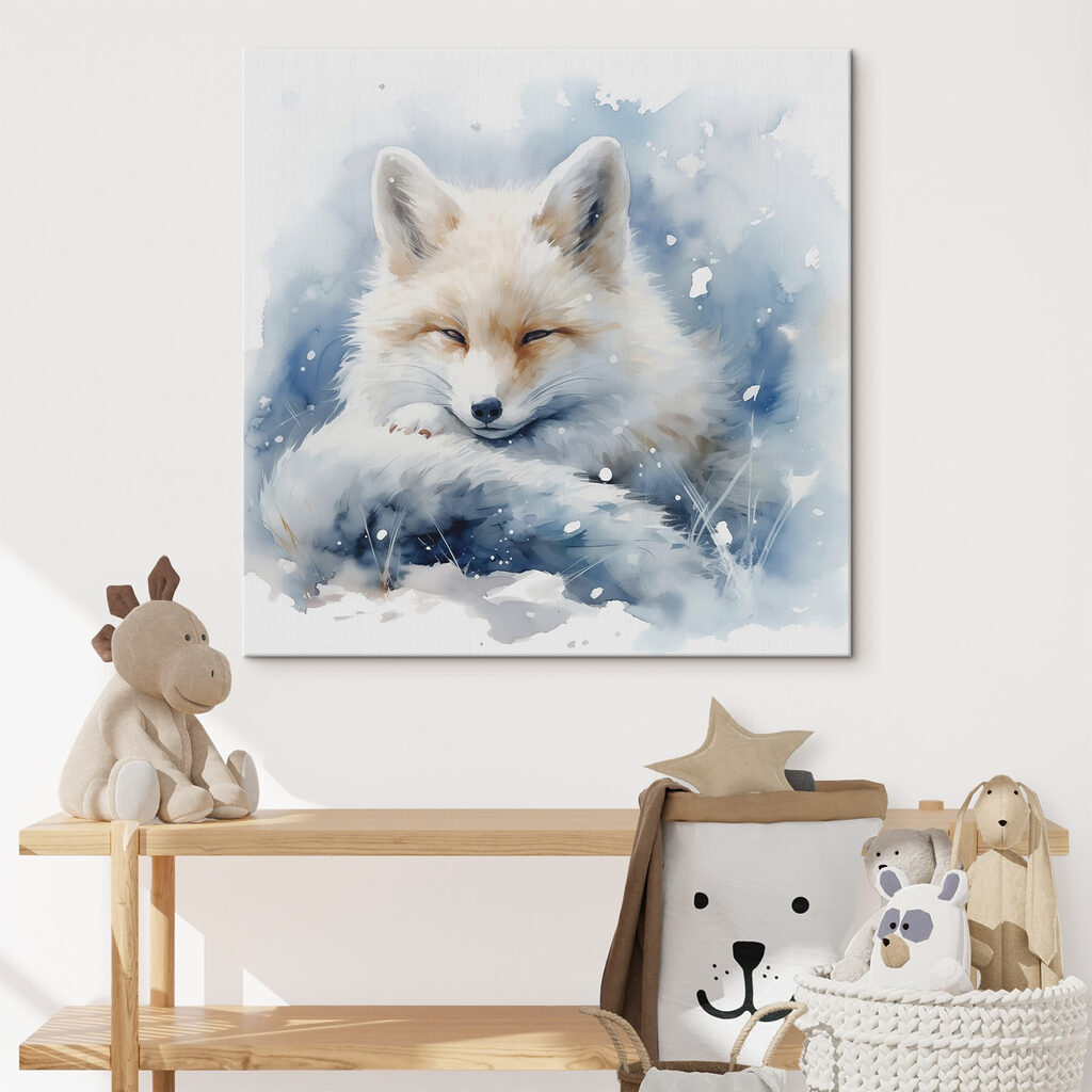 Watercolor of a fox lying in the snow